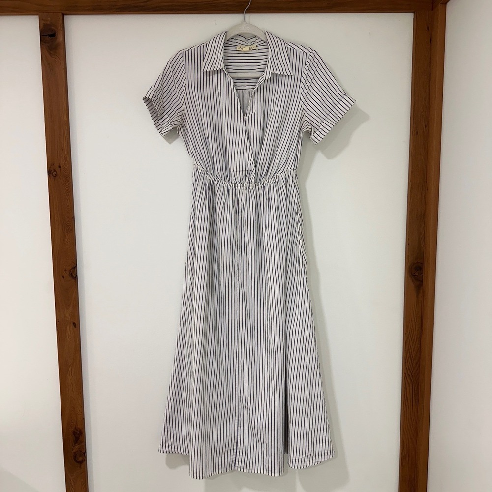 Indigo Rose Striped Midi Dress Women S Navy White Cotton Surplice | Coastal